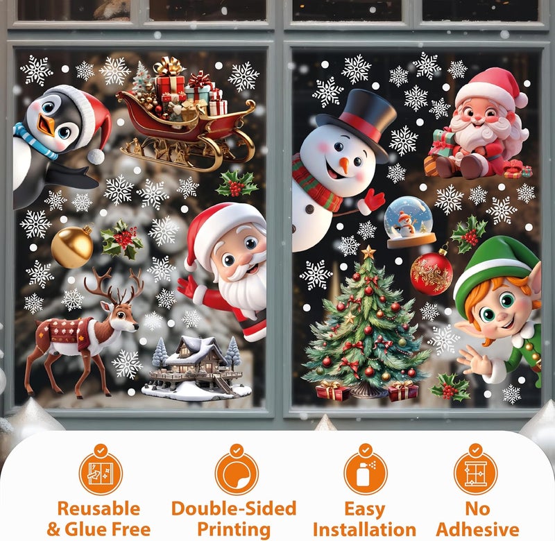 WALPLUS Christmas Window Clings - Clearance Decorations, Double-Sided Reusable Peel & Stick Removable for Glass, Living Room Xmas Peeking Santa Snowflakes, 149 Pcs - Image 3